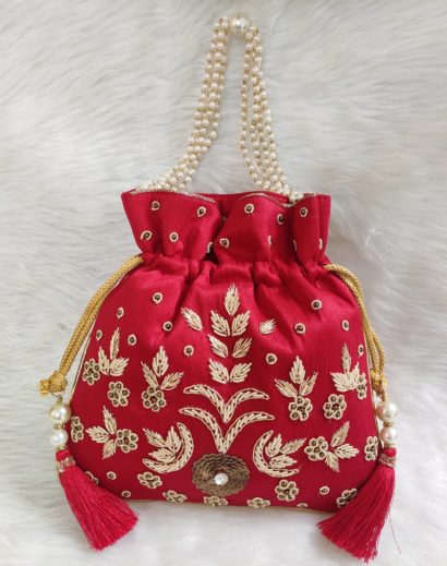 Stylish Red Color Potli Bag with Pearl Handle