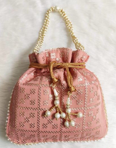 Peach Color Embroidered Potli Bag