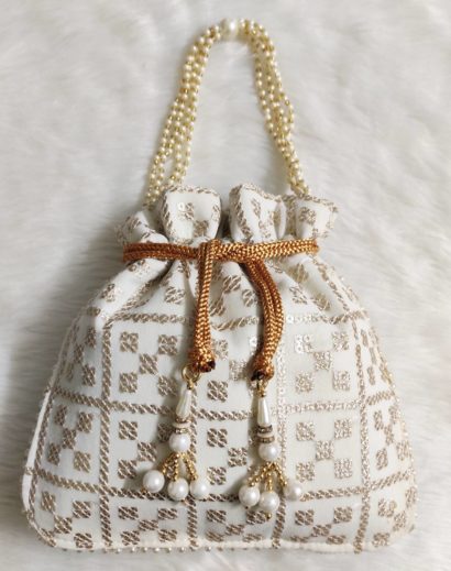 White Color Embroidered Potli Bag