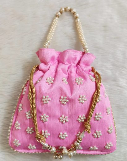 Pink Color Potli Bag with Pearl work
