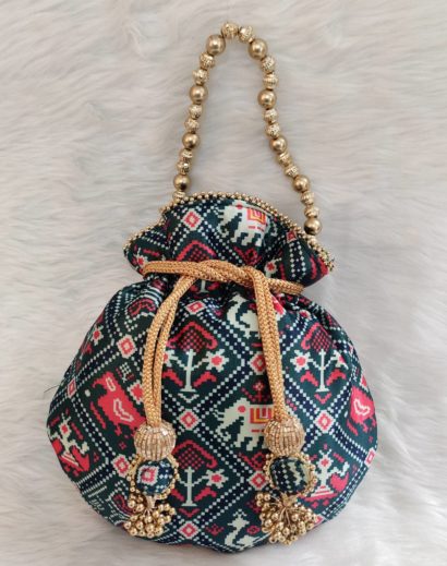 Patola Potli bag with Golden Beads Handle