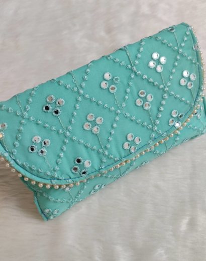 Sky Blue Embroidered Sling Purse